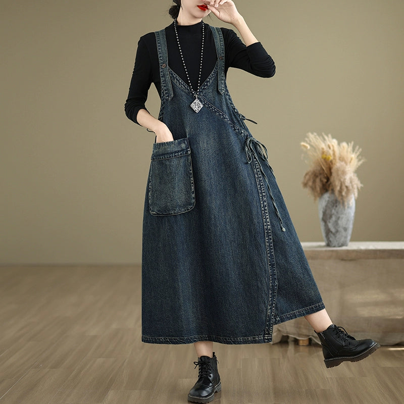Dark wash denim dress for formal occasions--Women Spring Retro Loose Denim Pinafore Dress with Big Pockets Dark wash denim dress for formal occasions--Women Spring Retro Loose Denim Pinafore Dress with Big Pockets