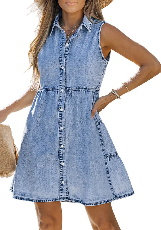 How to style denim dress casually--Bay Blue Denim Dress for Women Sleeveless Babydoll Button Down Short Jean Dresses Cute Summer How to style denim dress casually--Bay Blue Denim Dress for Women Sleeveless Babydoll Button Down Short Jean Dresses Cute Summer