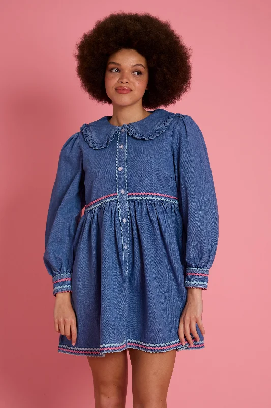 Denim dress with contrast hem detail--Ayla Ric-Rac Denim Dress - Curve