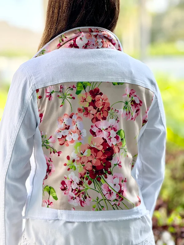 Denim jackets for pregnant women -The White Denim Jacket / Coral Flowers