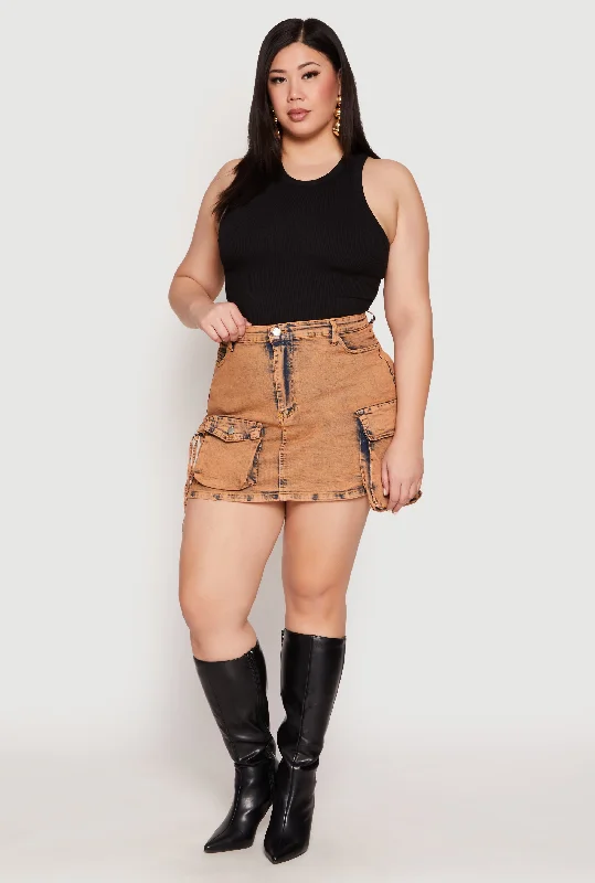 Plus Size Daisy Acid Wash Denim Cargo Skirt