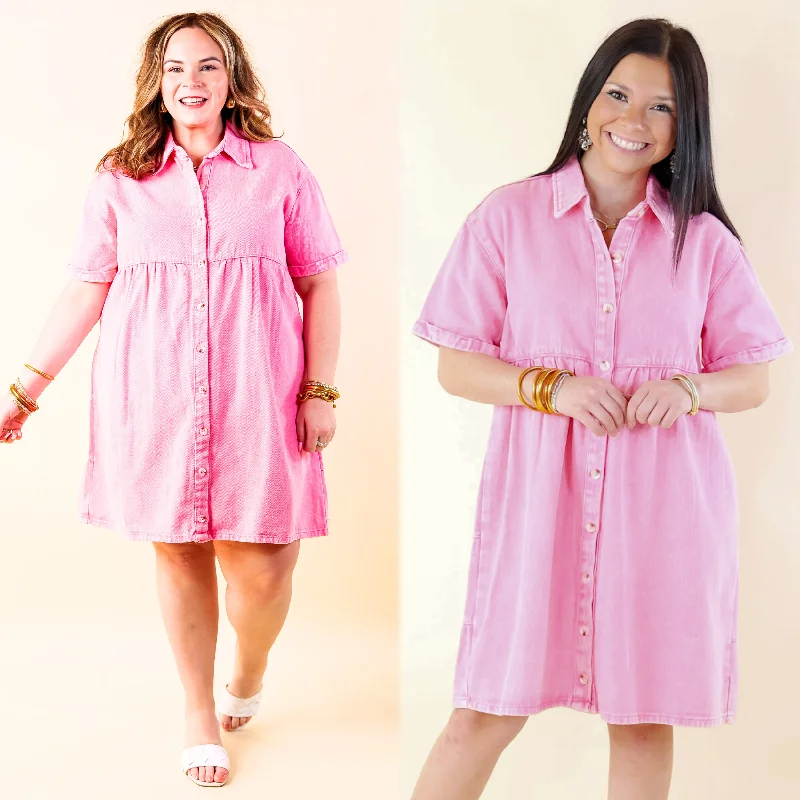 How to accessorize a plain denim dress--Nice to Meet You Button Up Collared Denim Dress in Pink