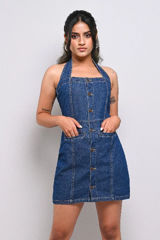 Plus-size denim dresses with tummy control--Halter Fitted Denim Dress