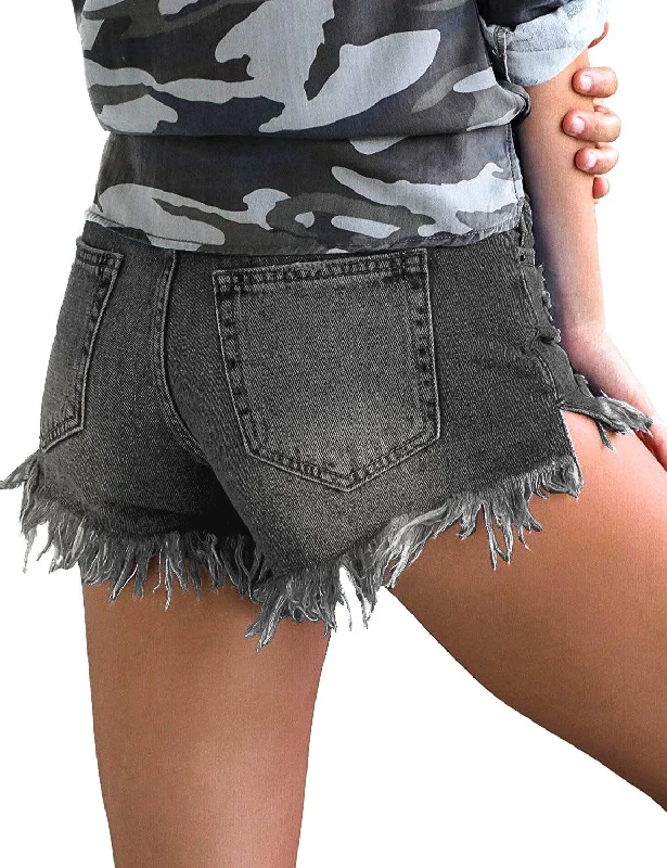 Women's Mid Rise Frayed Ripped Raw Hem Denim Jean Shorts