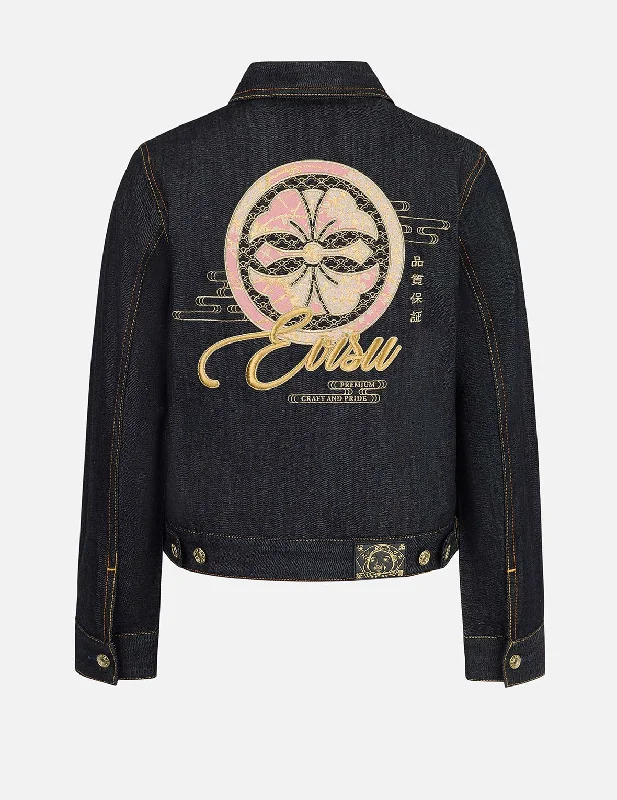 Denim coats for travel and outdoor activities -Brocade Inserted Kamon and Logo Embroidery Regular Fit Denim Jacket Denim coats for travel and outdoor activities -Brocade Inserted Kamon and Logo Embroidery Regular Fit Denim Jacket