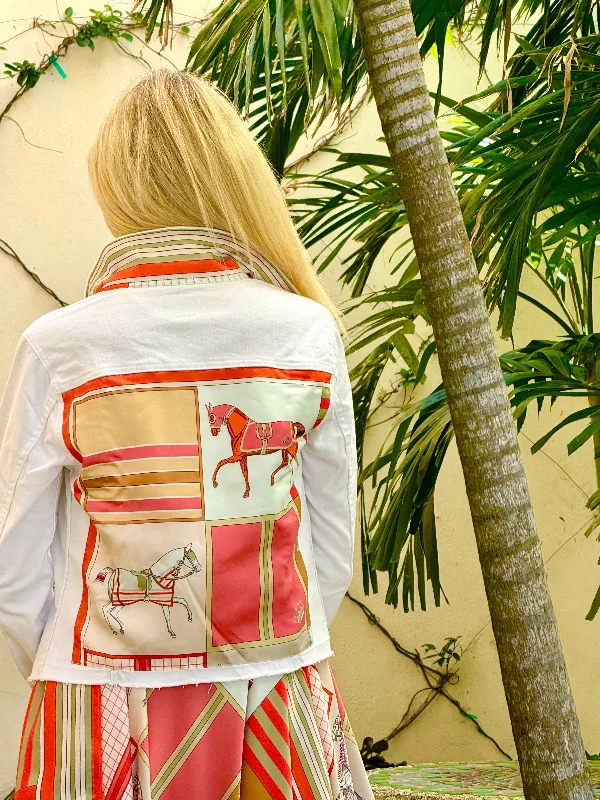 Denim coats for special occasions -The White Denim Jacket / Sage and Coral Horse