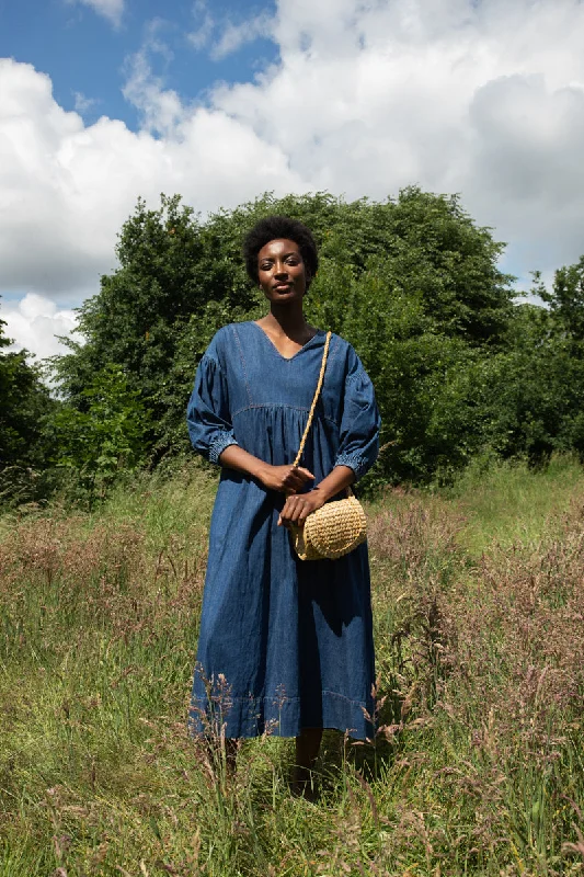 How to style denim dress postpartum--Harumi-Leigh Organic Cotton Denim Dress in Mid Blue