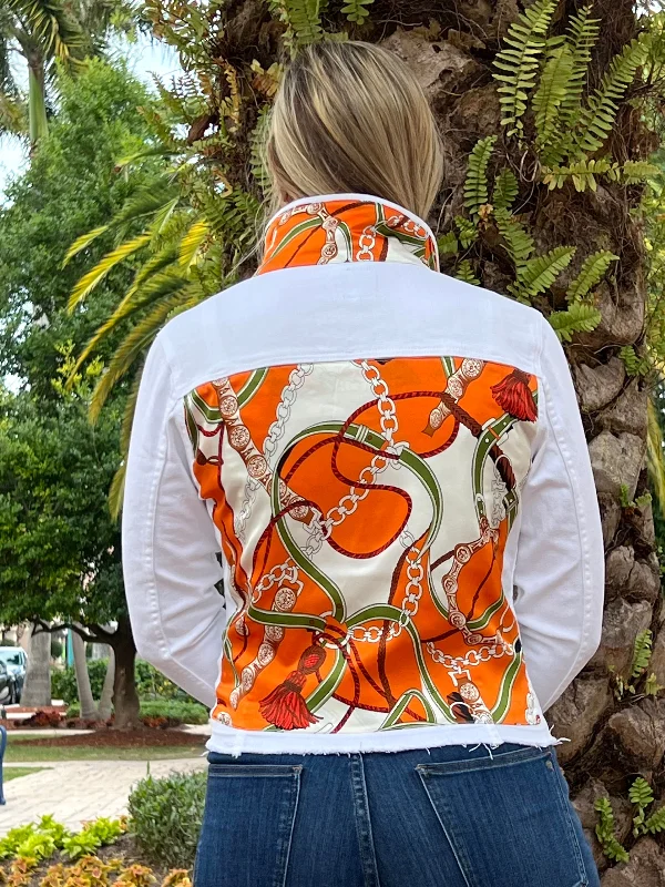 Women's denim jackets for tall women -The White Demin Jacket / Orange and Camo Straps Women's denim jackets for tall women -The White Demin Jacket / Orange and Camo Straps