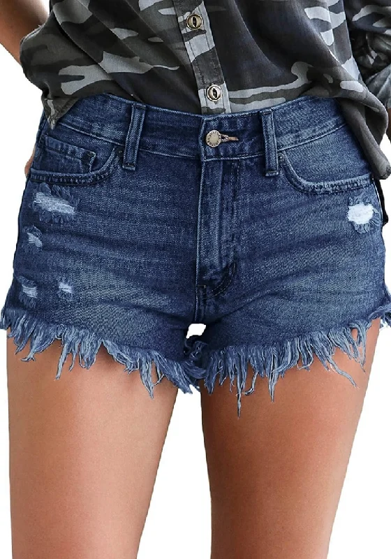Women's Mid Rise Frayed Ripped Raw Hem Denim Jean Shorts