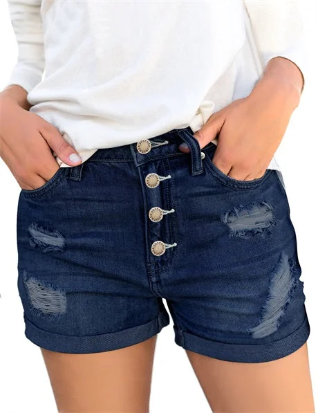 Women High Waisted Denim Shorts Ripped Button Fly Cuffed Jean Shorts