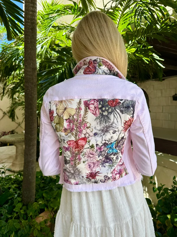 Denim jackets for women over 60 -The Pink Denim Jacket / Adore Colorful Butterflies