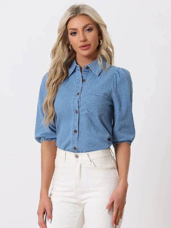 Styling tips for oversized denim jackets -3/4 Puff Sleeve Collar Button Down Jean Denim Shirt Styling tips for oversized denim jackets -3/4 Puff Sleeve Collar Button Down Jean Denim Shirt