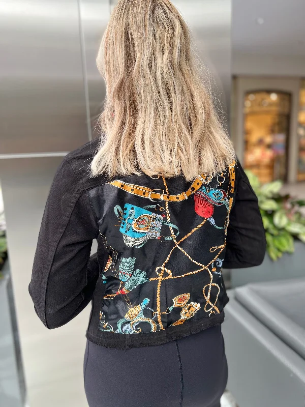 Denim coats for winter sports -The Black Denim Jacket /  Black Colorful