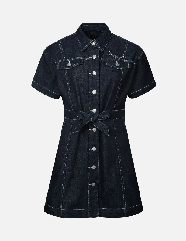 Denim dress with adjustable straps--Seagull Embroidery Loose Fit Denim Shirt Dress