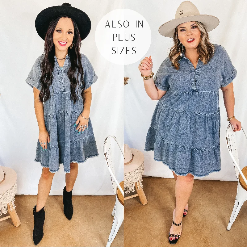 Denim dress with front zip closure--Wait List Tiered Denim Dress with Collared Neckline in Medium Wash