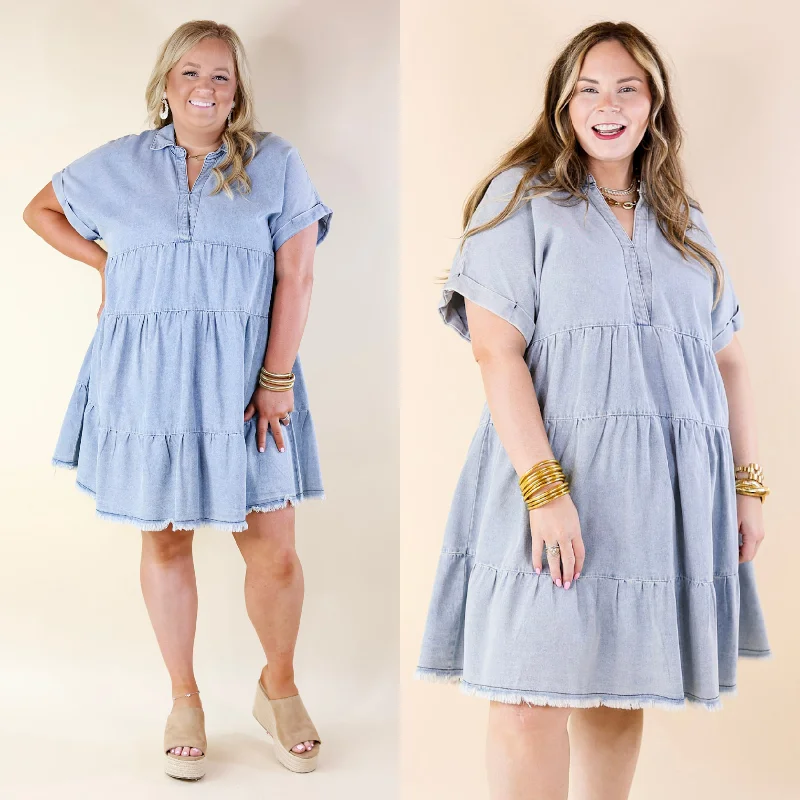 Denim dress with back tie accent--Wait List Tiered Denim Dress with Collared Neckline in Light Wash