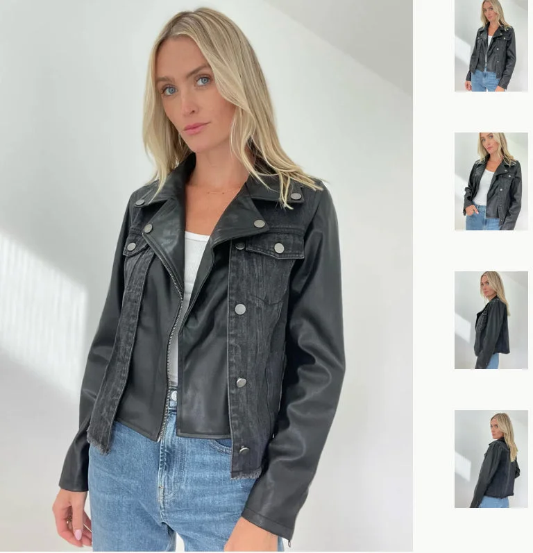 Denim coats with sustainable materials -Denim and Faux Leather Motto Jacket