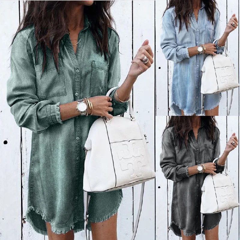 Best denim dresses for narrow waist--Women's Long Denim Shirt Dress Frayed Cuffs and Hem Button Front Long Sleeves Best denim dresses for narrow waist--Women's Long Denim Shirt Dress Frayed Cuffs and Hem Button Front Long Sleeves