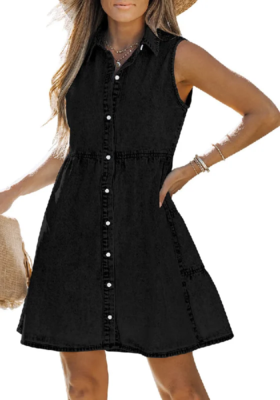 Denim dress with contrast placket--Vintage Black Denim Dress for Women Sleeveless Babydoll Button Down Short Jean Dresses Cute Summer Denim dress with contrast placket--Vintage Black Denim Dress for Women Sleeveless Babydoll Button Down Short Jean Dresses Cute Summer