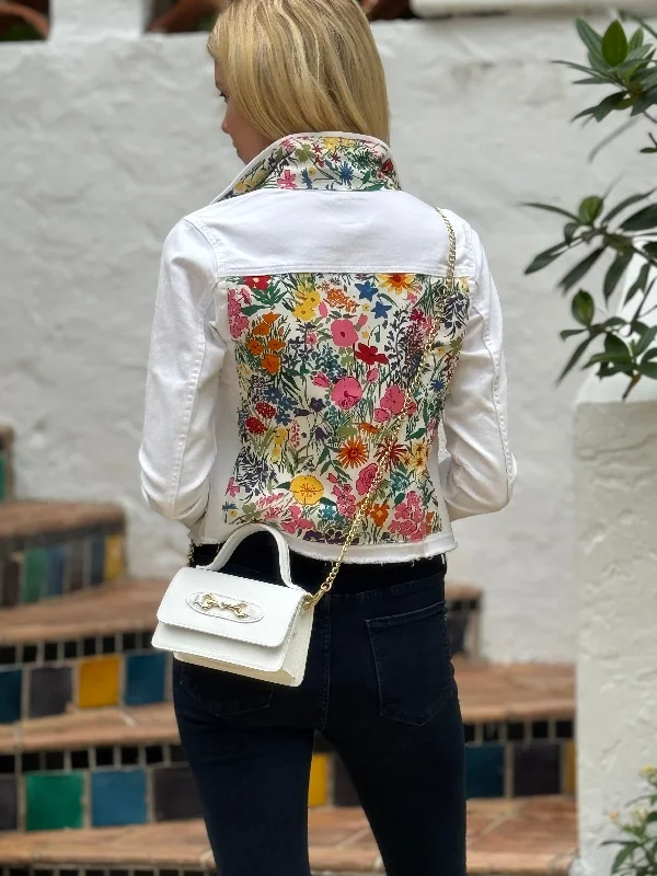 How to style a denim jacket with dresses -The White Denim Jacket / Field of Flowers