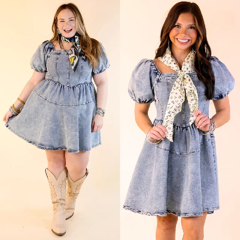 Long sleeve denim dress for fall weather--Denim Delight Babydoll Dress with Puff Sleeves in Medium Wash