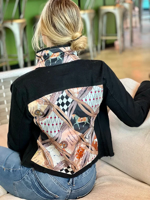 Women's denim jackets with innovative designs -The Black Denim Jacket / Designer Horse with Straps Women's denim jackets with innovative designs -The Black Denim Jacket / Designer Horse with Straps