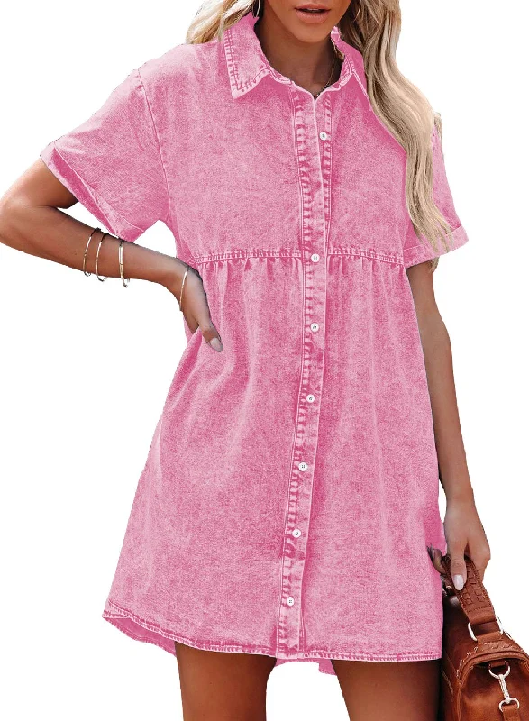 Denim dress with removable collar--Aurora Pink Women's Short Sleeve Button Down Flowy Tiered Babydoll Denim Dress Denim dress with removable collar--Aurora Pink Women's Short Sleeve Button Down Flowy Tiered Babydoll Denim Dress