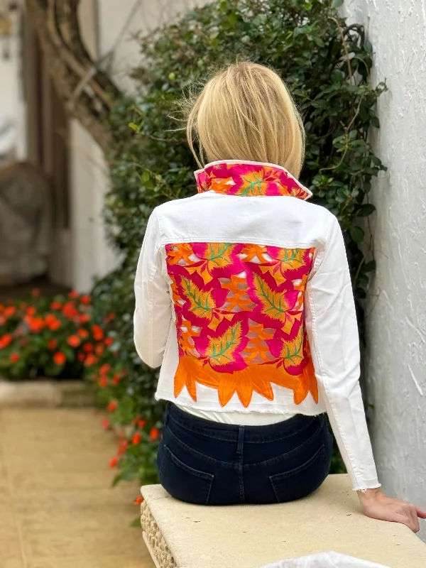 Denim coats for travel and outdoor activities -The White Denim Jacket / orange and Pink Woven Design Denim coats for travel and outdoor activities -The White Denim Jacket / orange and Pink Woven Design