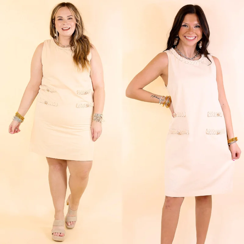 Stretchy denim dress for postpartum wear--Simple Serenity Denim Dress with Braided Detailing in Cream