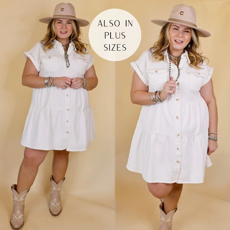 Denim dress with side buttons trend--Latest Obsession Button Up Denim Tiered Dress in Ivory