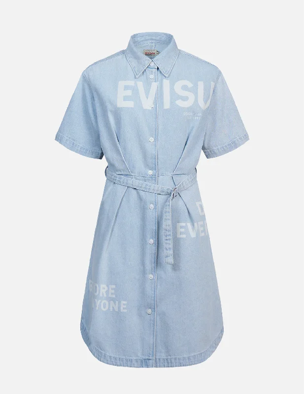 Denim dress with adjustable neckline--Logo Discharged Print Denim Shirt Dress