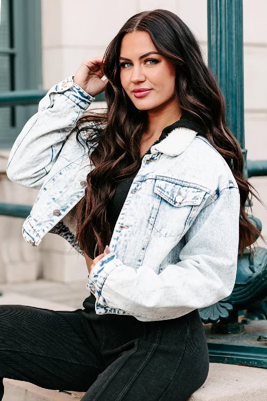 Denim jackets for women over 60 -Quick Thinking Sherpa Denim Jacket (Acid Blue)