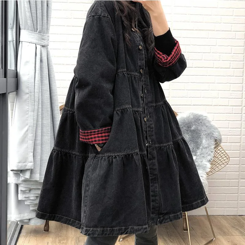 Denim dress with front panel accents--Autumn Winter Loose A-Line Buttons Denim Dress Denim dress with front panel accents--Autumn Winter Loose A-Line Buttons Denim Dress