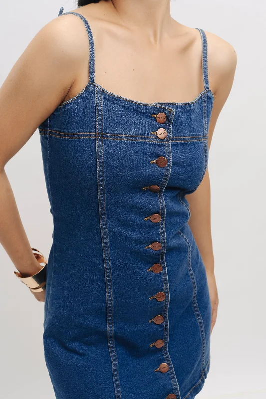 Best denim dresses for thick thighs--Front Buttoned Strap Denim Dress