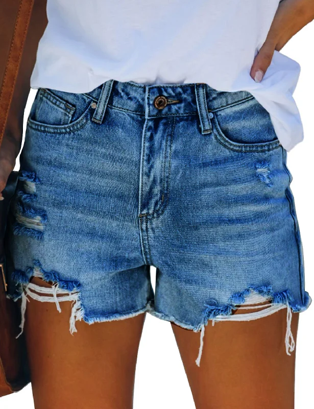 Deep Blue High Waist Ruched Hem Distressed Denim Shorts