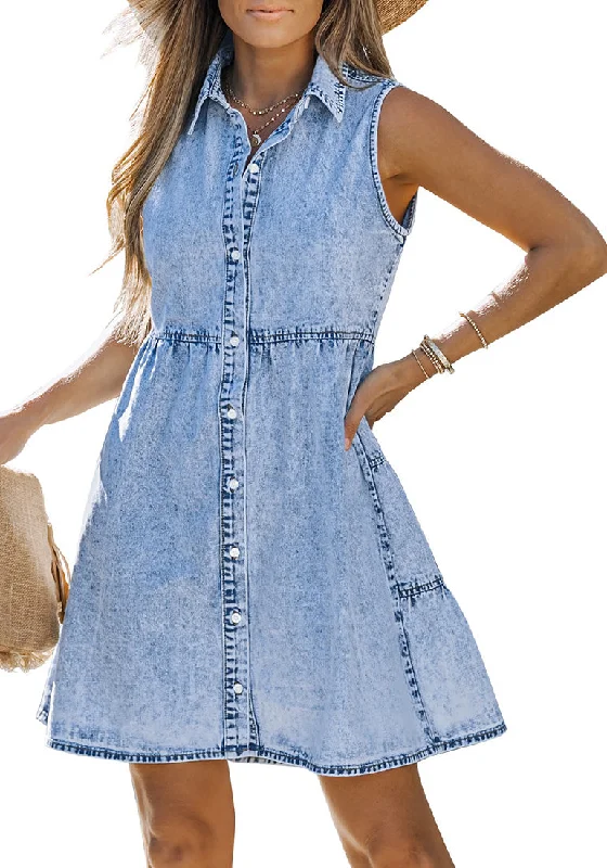Best denim dresses for narrow shoulders--Roadknight Blue Denim Dress for Women Sleeveless Babydoll Button Down Short Jean Dresses Cute Summer Best denim dresses for narrow shoulders--Roadknight Blue Denim Dress for Women Sleeveless Babydoll Button Down Short Jean Dresses Cute Summer