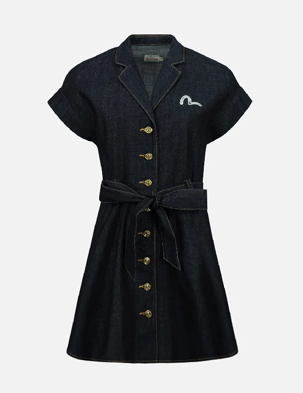 Denim dress with contrast yoke design--Seagull Embroidery Denim Shirt Dress