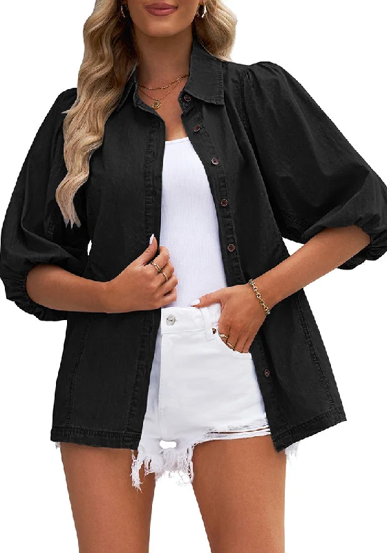 Denim tops with language translation patches- -Black 2023 Denim Shirt Women Button Down Chambray Oversized Puff Sleeve Blouses Distressed Western Jean Tops