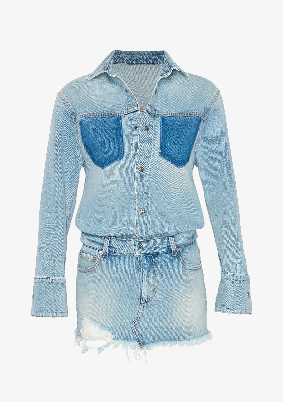 Denim dress with adjustable waist tie--Linda Denim Dress