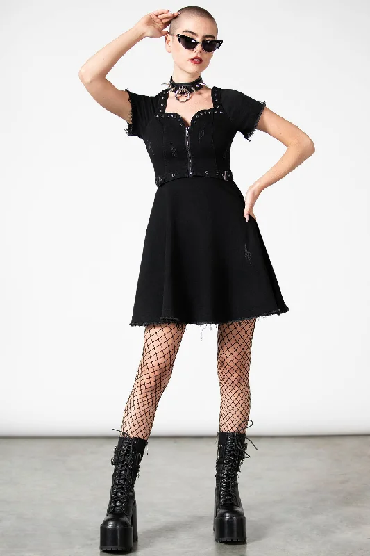 How to style denim dress for party--Time Out Zip Denim Dress