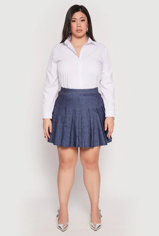 Plus Size Denim High Waisted Pleated Skirt
