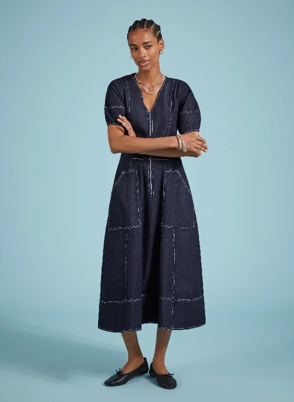 Denim dress with contrast sleeve cuffs--Coralie Organic Denim Dress