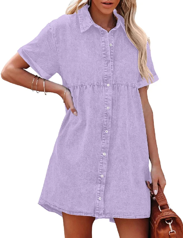 Denim dress with gathered shoulders--Digital Lavender Women's Short Sleeve Button Down Flowy Tiered Babydoll Denim Dress Denim dress with gathered shoulders--Digital Lavender Women's Short Sleeve Button Down Flowy Tiered Babydoll Denim Dress