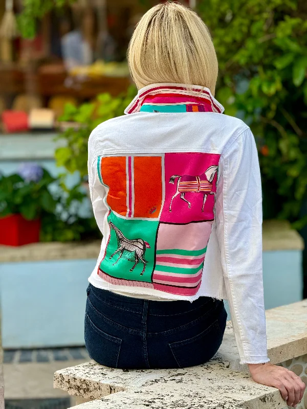 Women's denim jackets for spring fashion -The White Denim Jacket / Pink Horse with Teal Women's denim jackets for spring fashion -The White Denim Jacket / Pink Horse with Teal