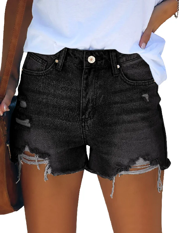Black High Waist Ruched Hem Distressed Denim Shorts