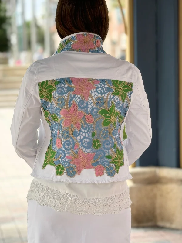 Denim coats with smart technology integration -The White Denim Jacket / Woven Pink Blue and Green Denim coats with smart technology integration -The White Denim Jacket / Woven Pink Blue and Green