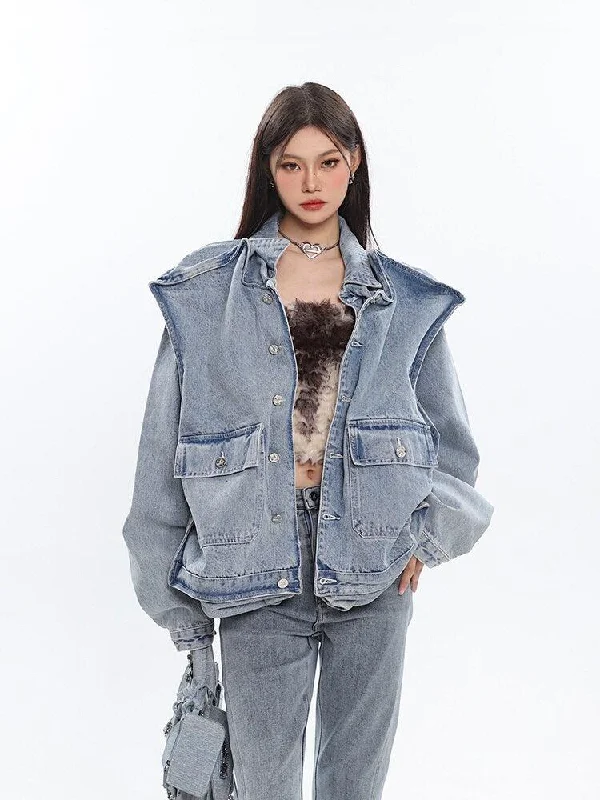 Denim jackets for bohemian style -Asymmetric Design Denim Jacket