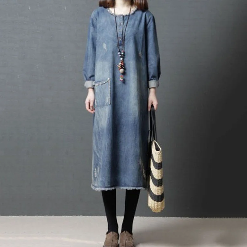 How to style denim dress for travel--Babakud Burr Loose Round Neck Ragged Pocket Denim Dress How to style denim dress for travel--Babakud Burr Loose Round Neck Ragged Pocket Denim Dress