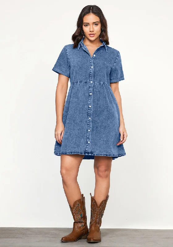 Best denim dresses for hot weather--Medium Blue Women's Short Sleeve Button Down Flowy Tiered Babydoll Denim Dress Best denim dresses for hot weather--Medium Blue Women's Short Sleeve Button Down Flowy Tiered Babydoll Denim Dress