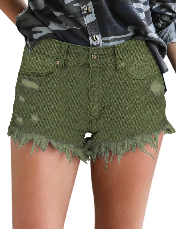 Women's Mid Rise Frayed Ripped Raw Hem Denim Jean Shorts